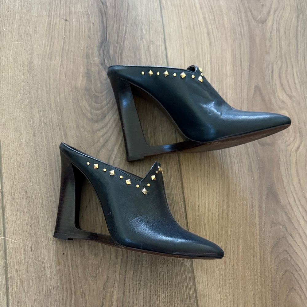 Tory Burch Black and Gold Studded Wedge Mules